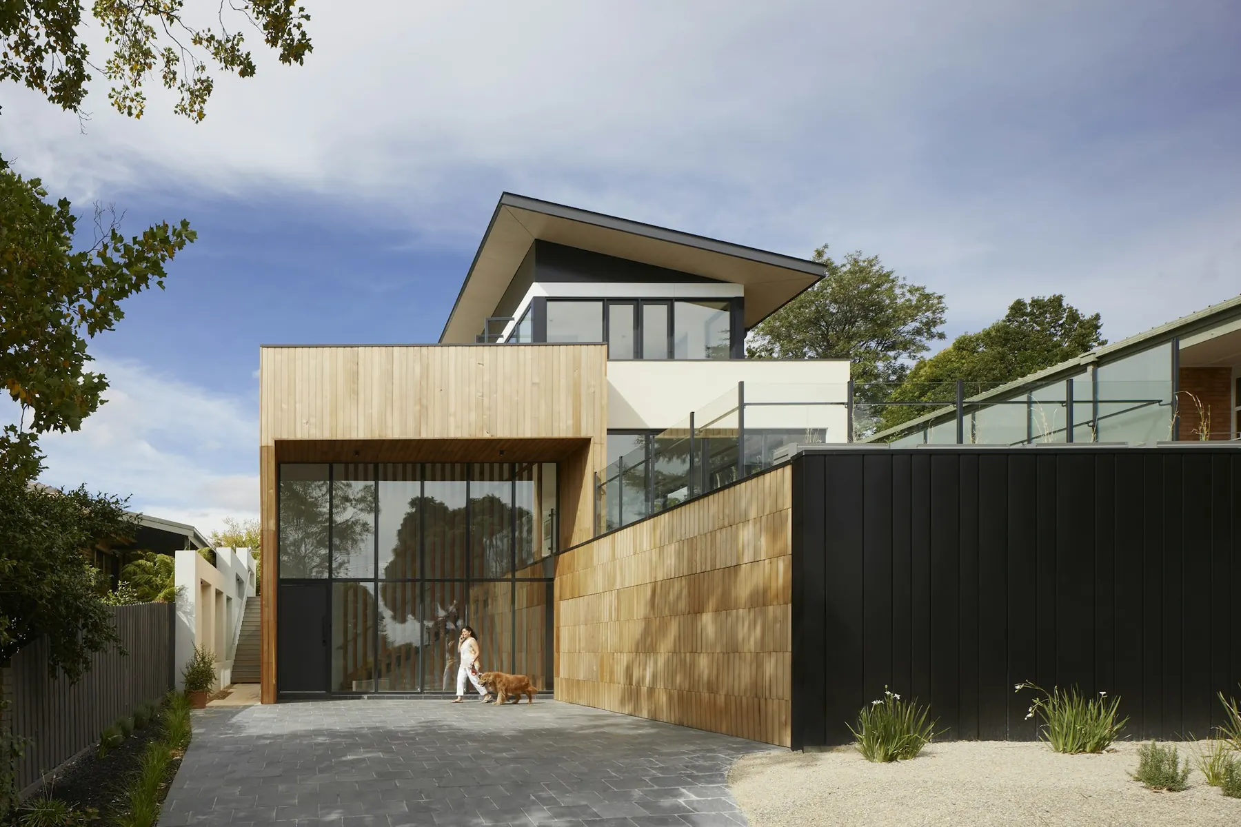 Contemporary house with timber cladding and a landscaped entrance